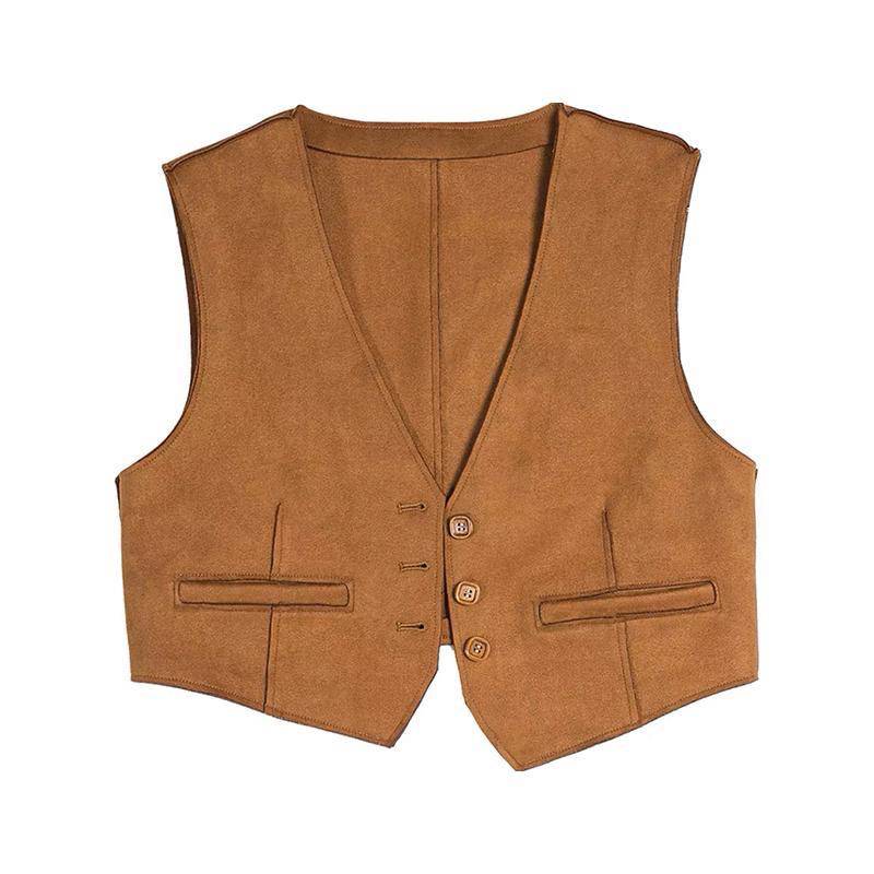 Retro suede V -neck horse Jia female summer national style with short loose vest stacking brown holiday top
