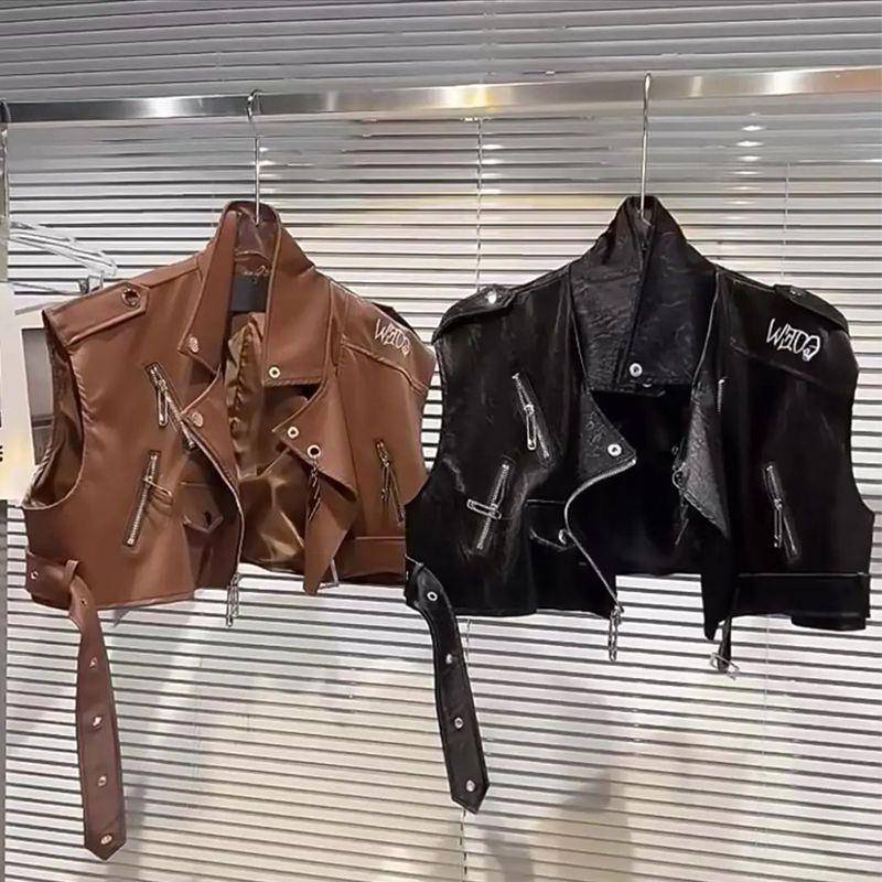 Girls autumn new leather vest children's back letter embroidery PU patent leather jacket locomotive vest fashion tide