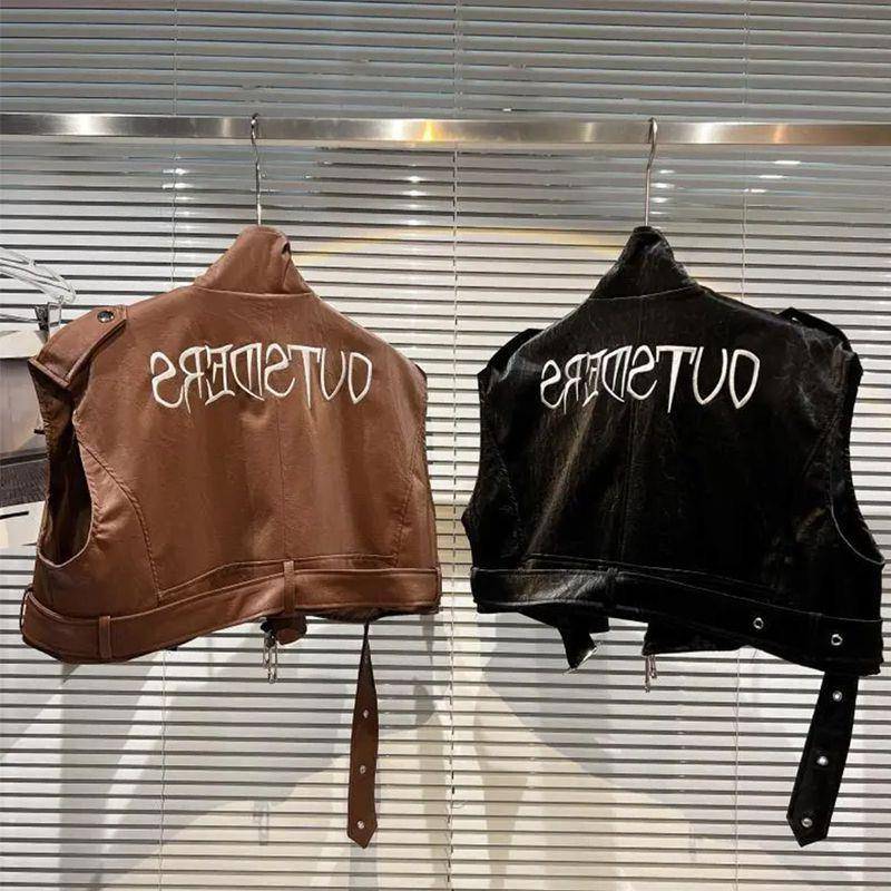 Girls autumn new leather vest children's back letter embroidery PU patent leather jacket locomotive vest fashion tide