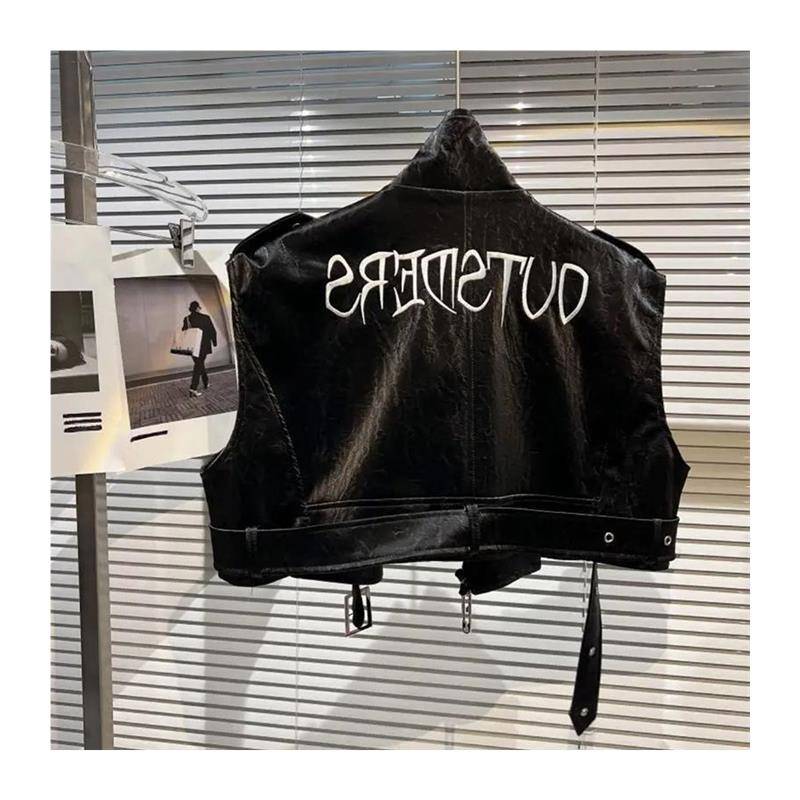 Girls autumn new leather vest children's back letter embroidery PU patent leather jacket locomotive vest fashion tide