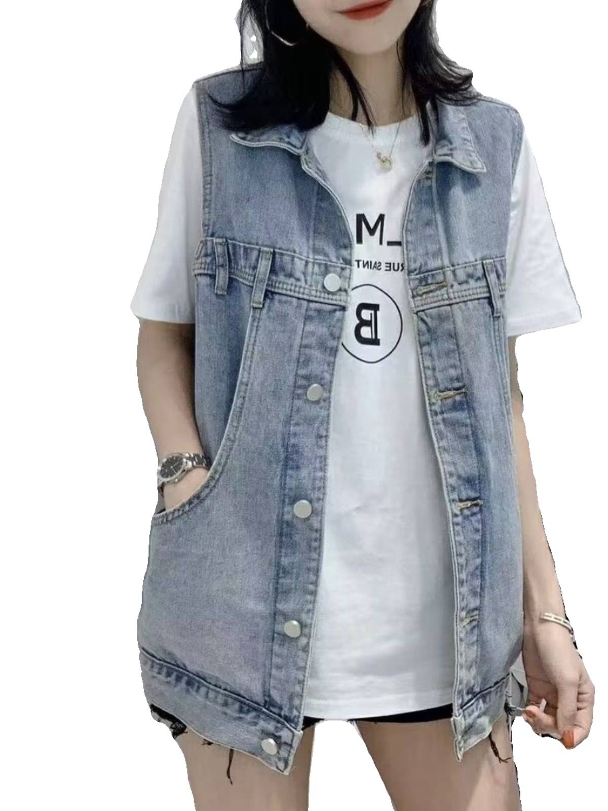 Brand discount Women wearing denim vests sleeveless pocket Big pocket versatile vest BF wind retro shoulder top