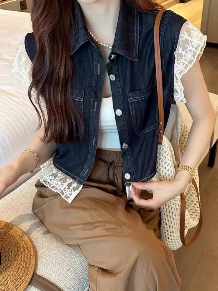 European denim vest female summer 2024 new heavy work design sense lace stitching thin sleeveless horses clip top