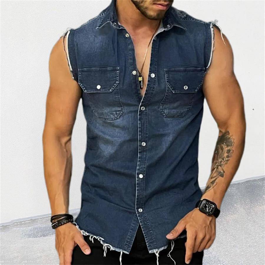 European and American menswear vests summer new fashion Korean casual denim vest lapel -free cardigan to repair body tops
