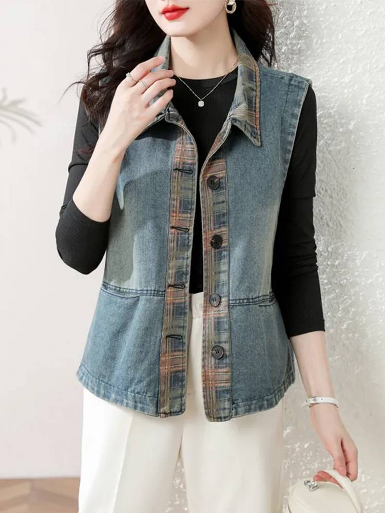 Retro leisure denim vest sleeveless short jacket 2024 new fashion European cargo versatile vest horses clip