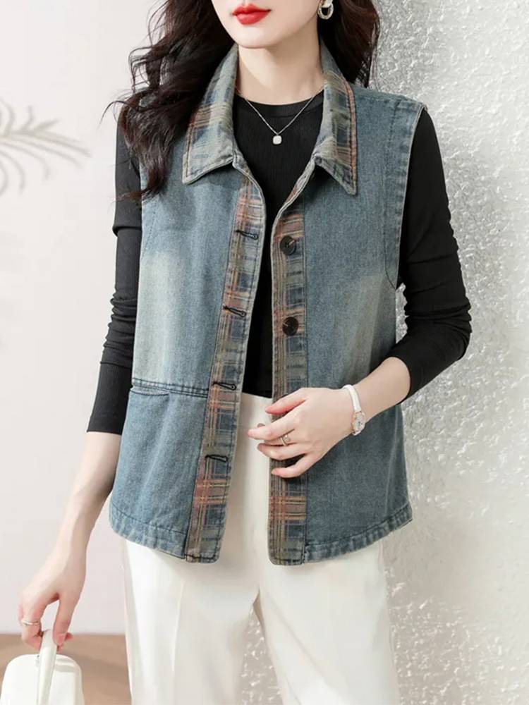 Retro leisure denim vest sleeveless short jacket 2024 new fashion European cargo versatile vest horses clip