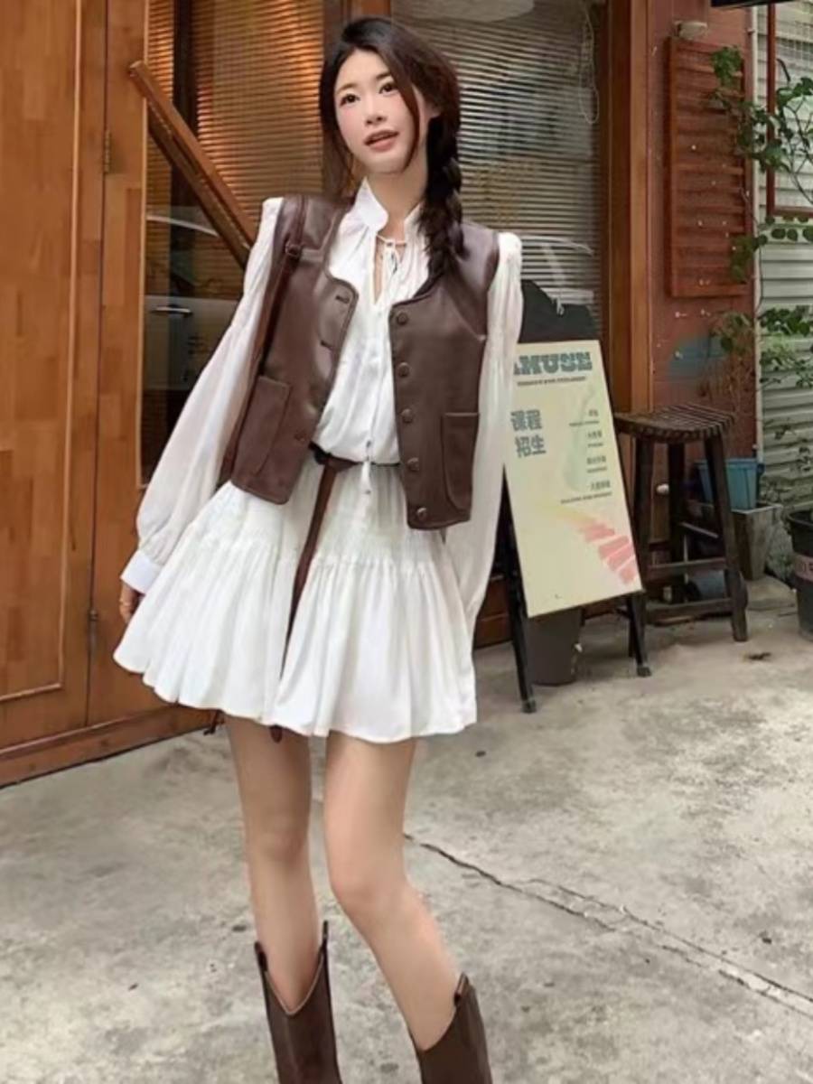 Pimajia female 2024 spring and autumn new retro wild round collar horseshop Korean version of sleeveless and shoulder vest jacket jacket