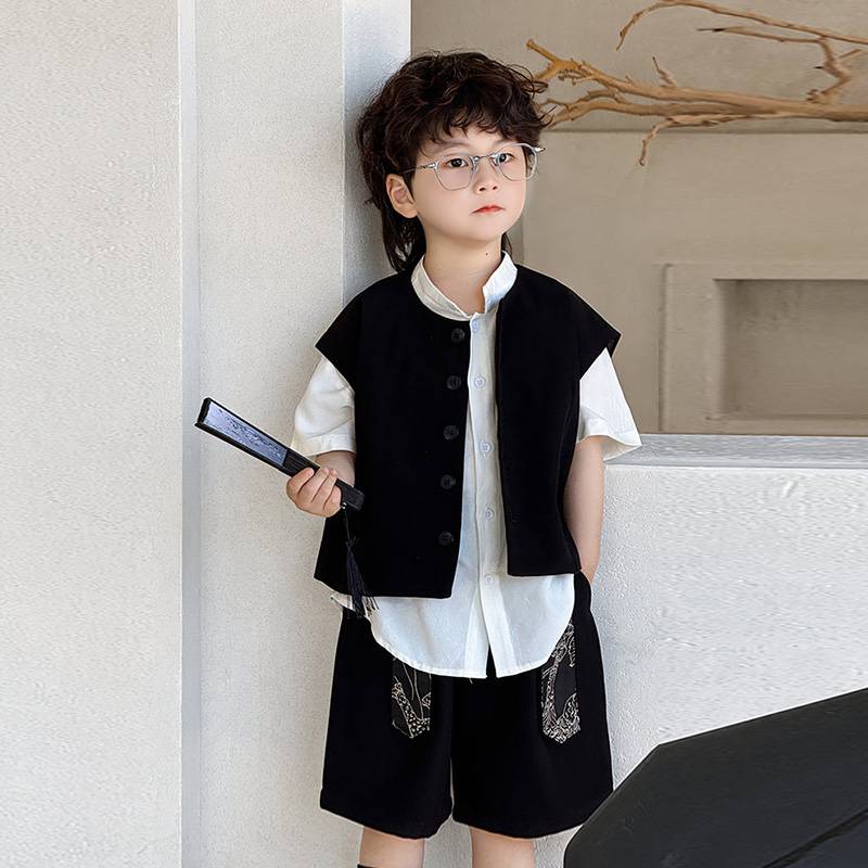 Boys Hanfu Chinese Vests Summer New Children's Tangfu Set Retro Handsome Guofeng Children's Performance Performance