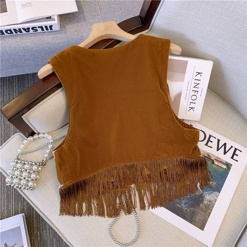 Bohemian ethnic style western denim brown suede velvet embroidery vest short versatile external wearing cardigan jacket