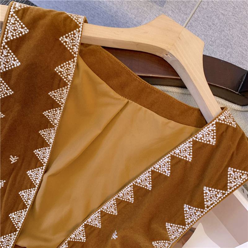 Bohemian ethnic style western denim brown suede velvet embroidery vest short versatile external wearing cardigan jacket