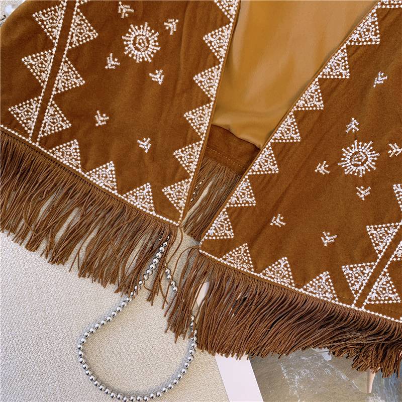Bohemian ethnic style western denim brown suede velvet embroidery vest short versatile external wearing cardigan jacket