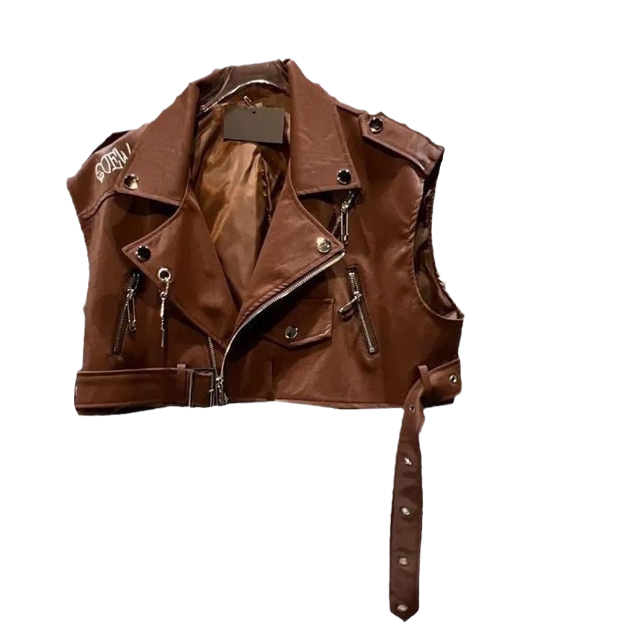 European retro letter embroidery PU patent leather leather vest girl 2023 design sensor locomotive pony clip outside the tide