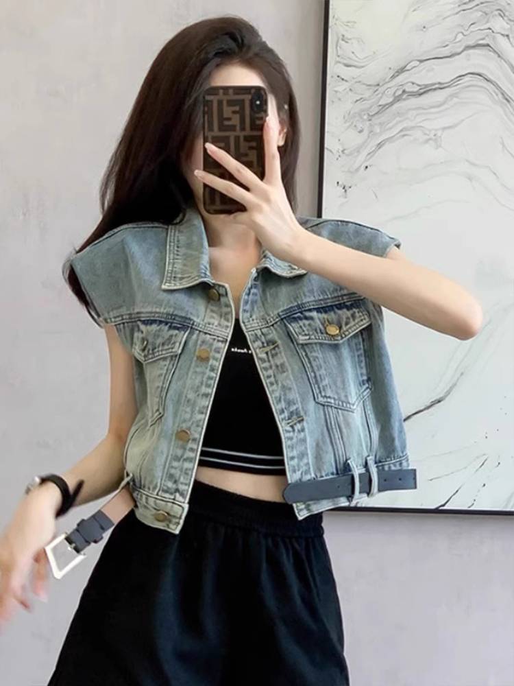 Short -sleeved denim vest jacket female summer new European goods fashion foreign gas reduction and versatile sleeveless short top