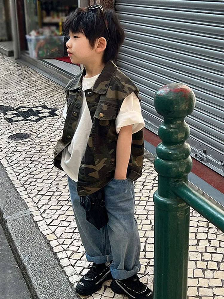 Boys' vest spring and autumn thin Korean version of new children's vest handsome qi, shoulders, babies, foreign camouflage street tops