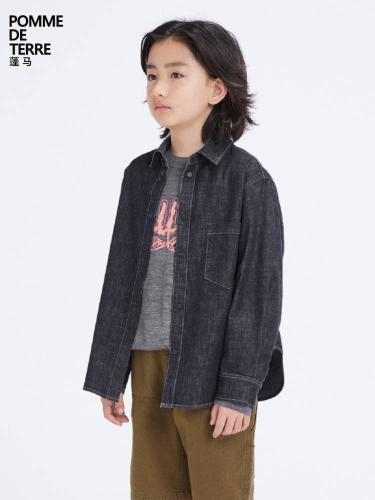 Pomme Pongma long -sleeved shirt button cotton and linen blending comfort spring autumn clothing male girl Jiangnan cloth clothing big child