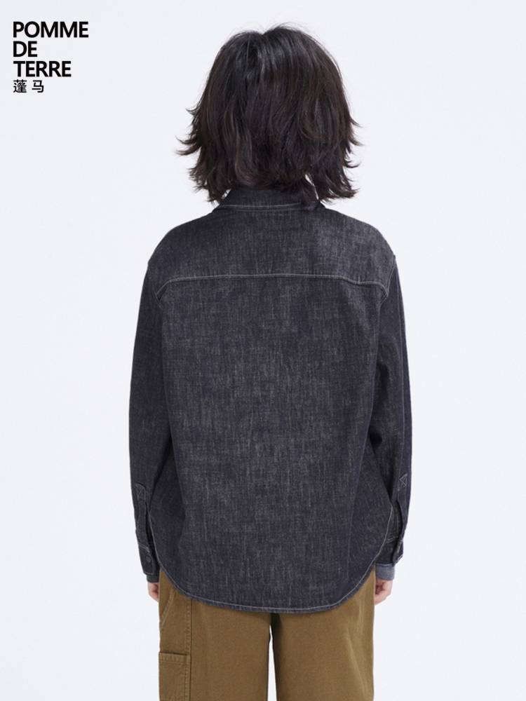 Pomme Pongma long -sleeved shirt button cotton and linen blending comfort spring autumn clothing male girl Jiangnan cloth clothing big child