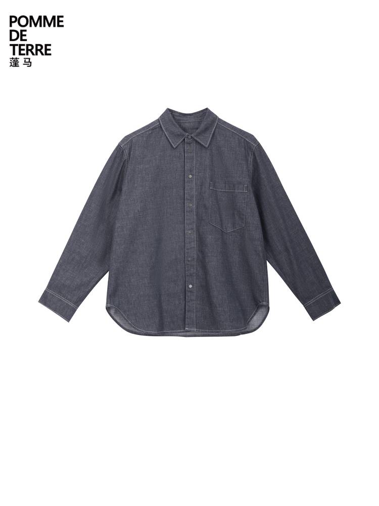 Pomme Pongma long -sleeved shirt button cotton and linen blending comfort spring autumn clothing male girl Jiangnan cloth clothing big child
