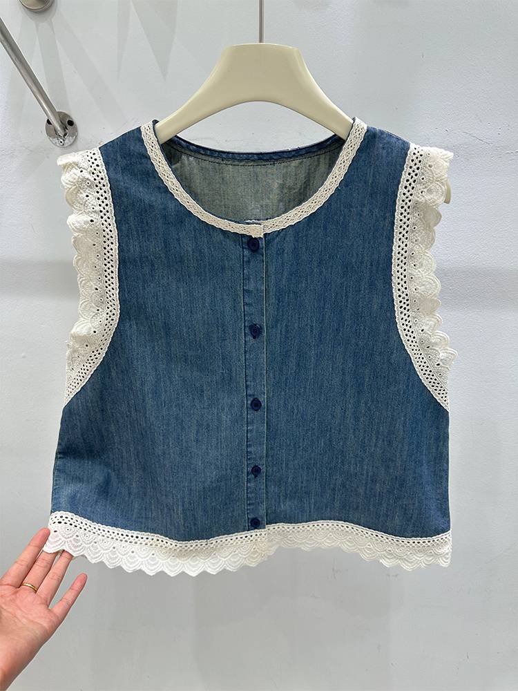 Real shot high -level splicing lace lace sleeveless shirt female 2024 summer versatile denim vest vest top
