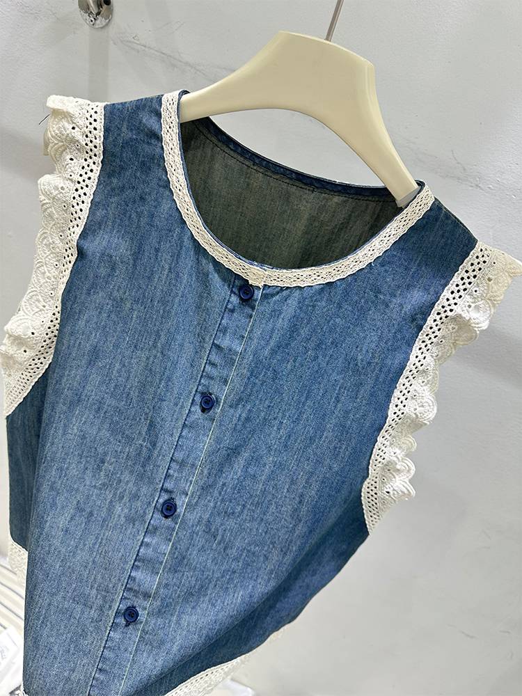 Real shot high -level splicing lace lace sleeveless shirt female 2024 summer versatile denim vest vest top