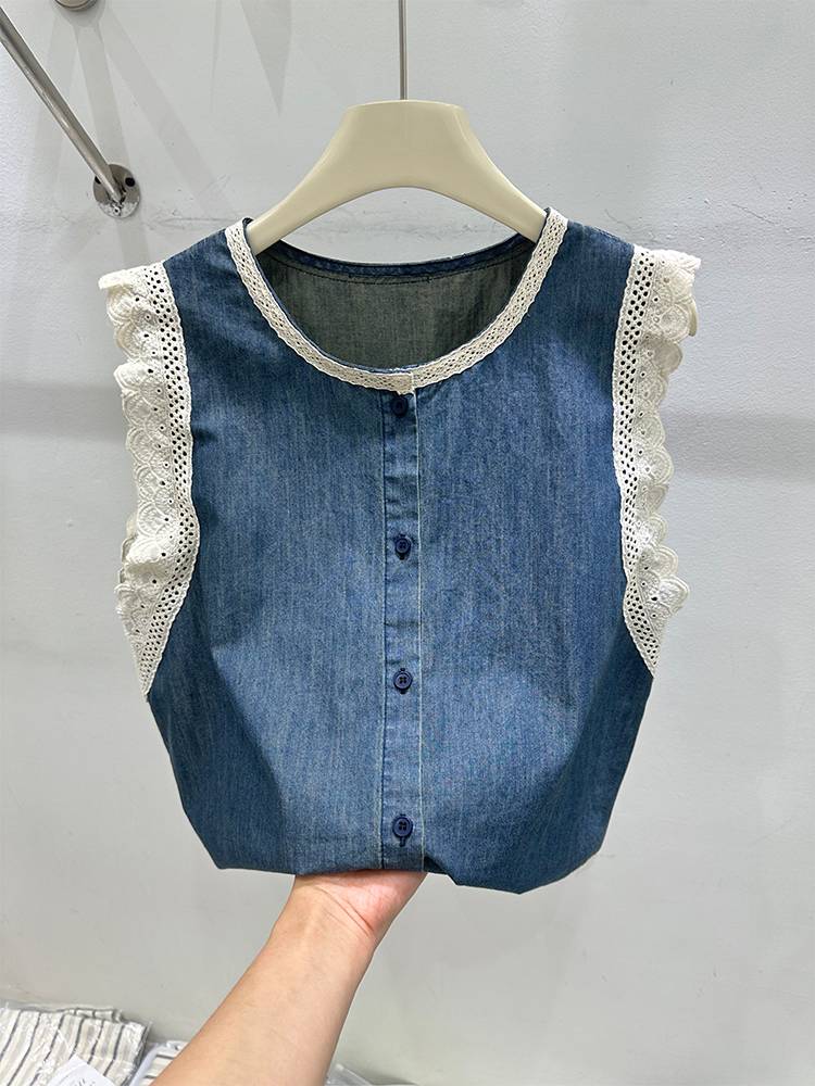 Real shot high -level splicing lace lace sleeveless shirt female 2024 summer versatile denim vest vest top