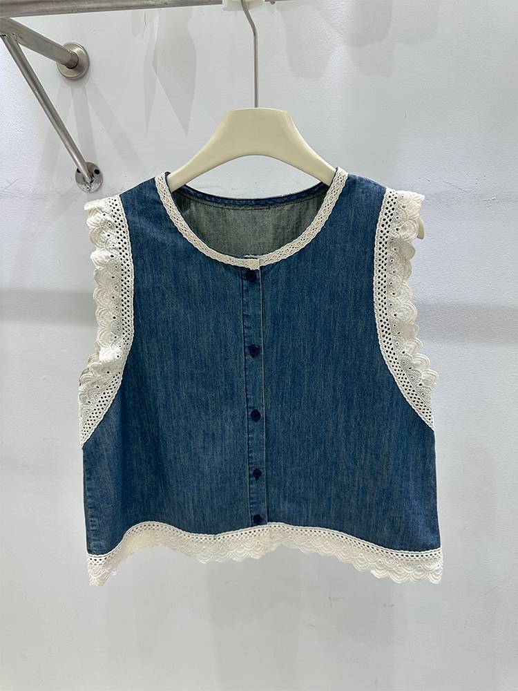 Real shot high -level splicing lace lace sleeveless shirt female 2024 summer versatile denim vest vest top