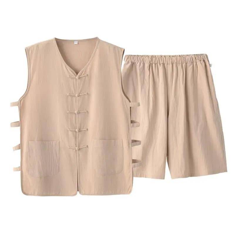 Summer Tang costume men's thin vest horses gown buckle vest shorts set linen Chinese style old man shirt and shoulder retro