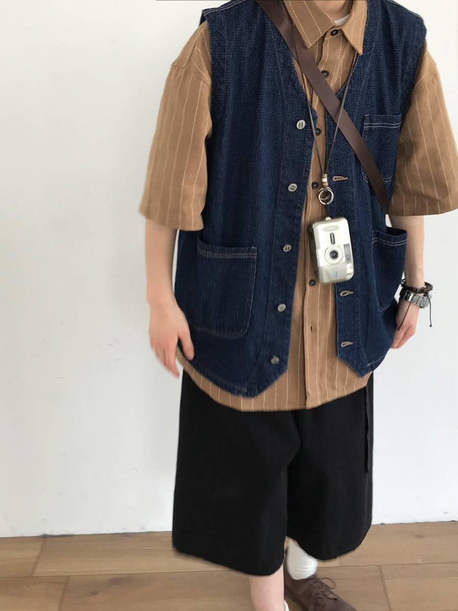 Japanese retro multi -pocket workers denim vest men and women casual sleeveless stacks, put on clothes, versatile loose outer jacket