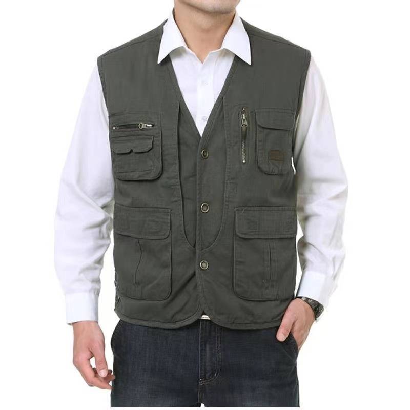 Spring and autumn men's vest middle -aged and elderly dad pretend to be pure cotton, shoulder casual pocket multi -pocket jacket fishing vest horse clip