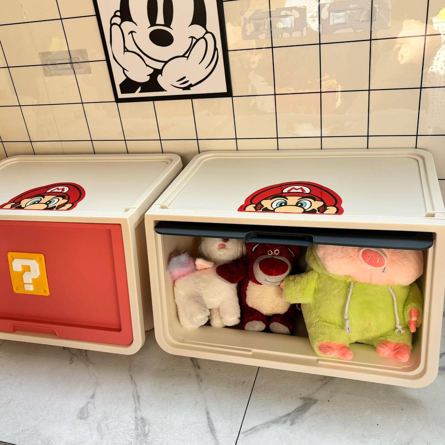 Mario's children's toy baskets are packed in a cute, colorful living room