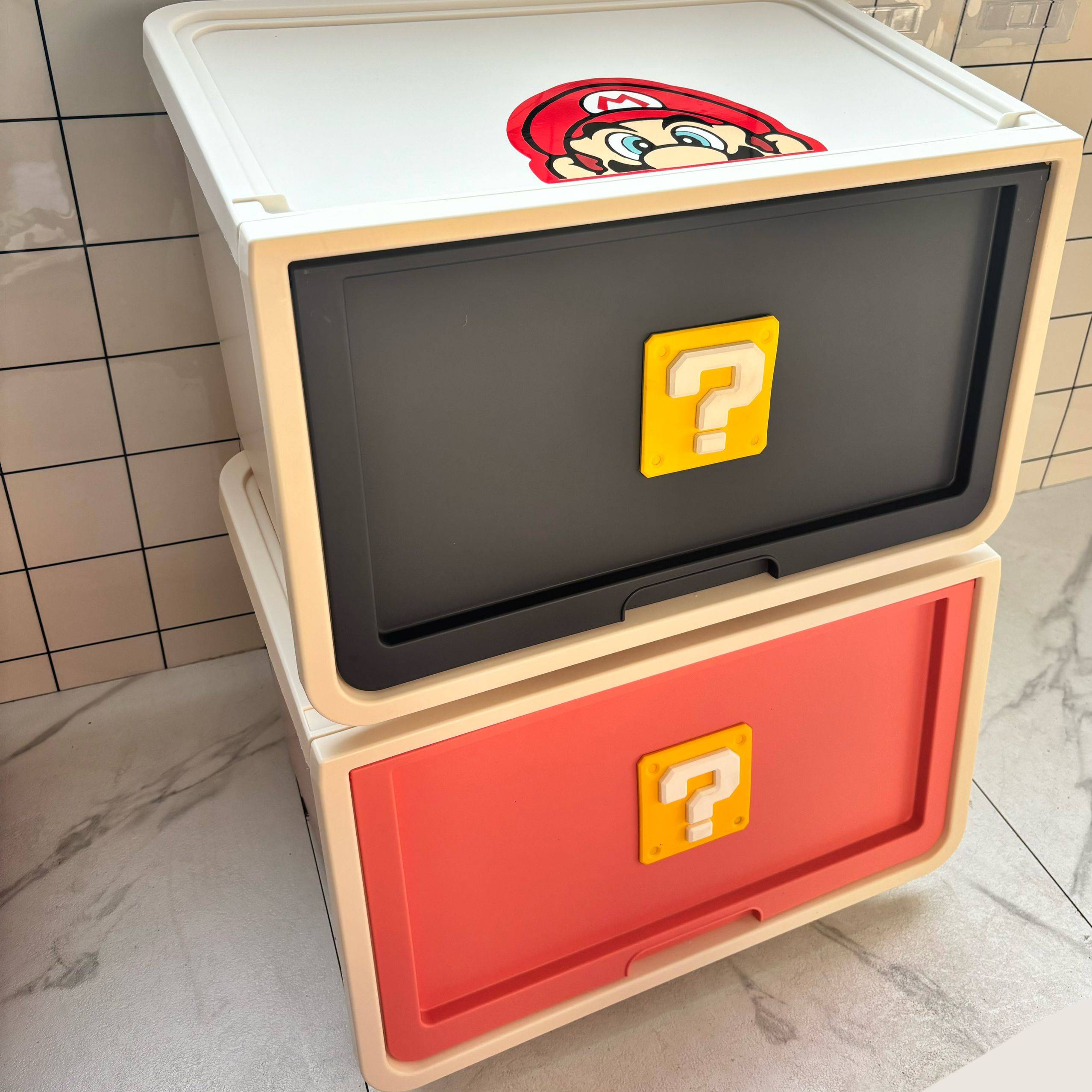 Mario's children's toy baskets are packed in a cute, colorful living room