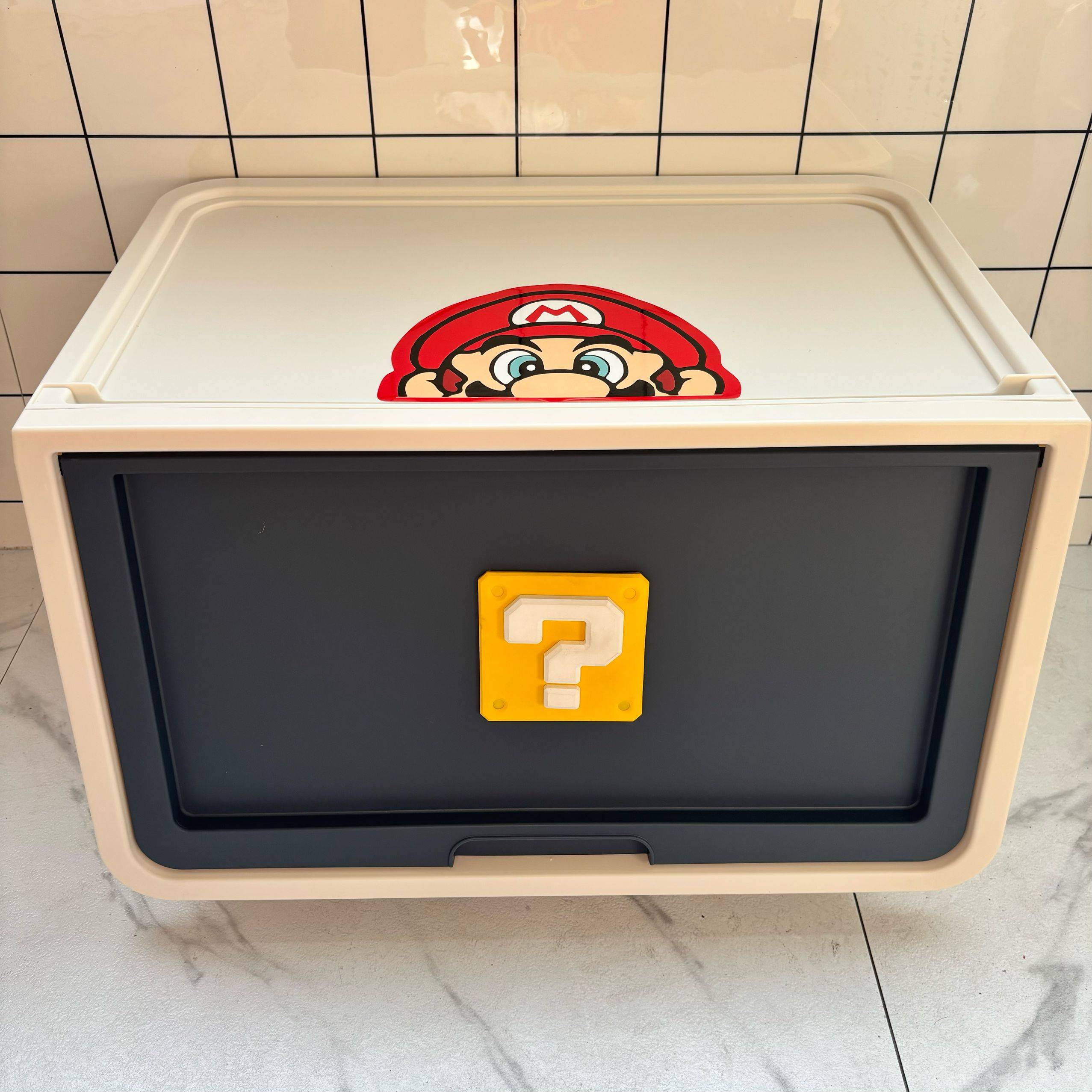 Mario's children's toy baskets are packed in a cute, colorful living room