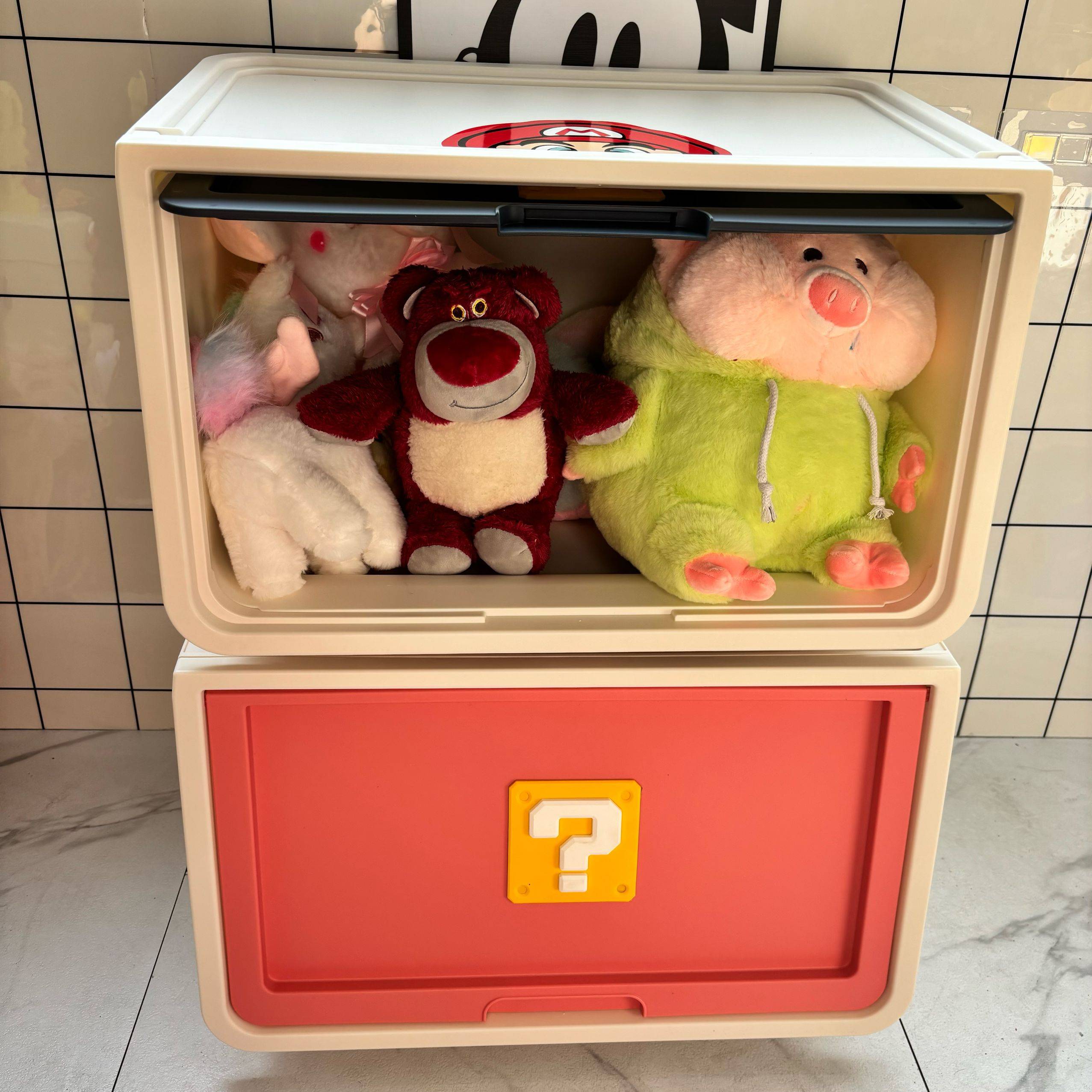 Mario's children's toy baskets are packed in a cute, colorful living room