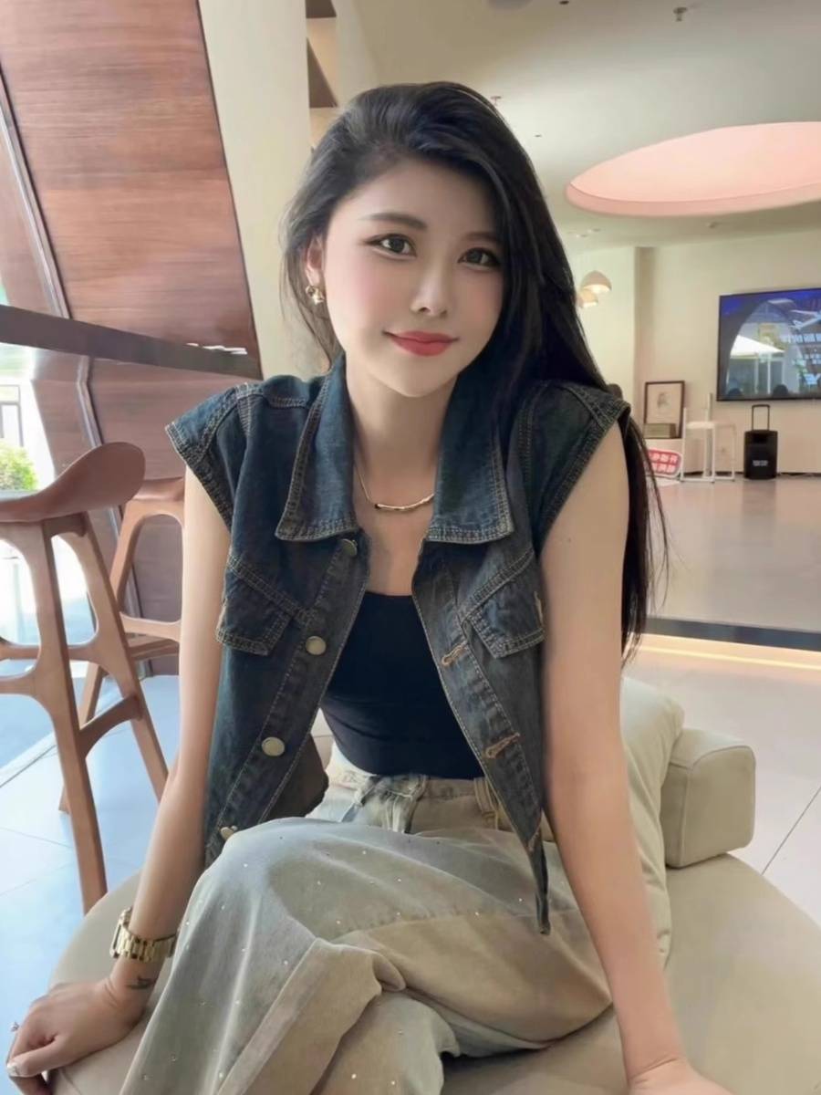 American retro high -level sensory temperament versatile denim vest female POLO leads short sleeveless shoulder top shirt summer