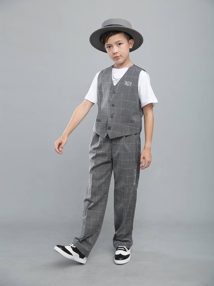 Children's hip -hop Popping clothing Locking plaid patterns and pants vest set children's mechanical dance performance clothes