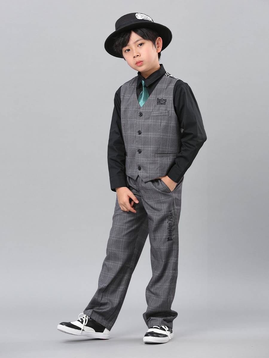 Children's hip -hop Popping clothing Locking plaid patterns and pants vest set children's mechanical dance performance clothes