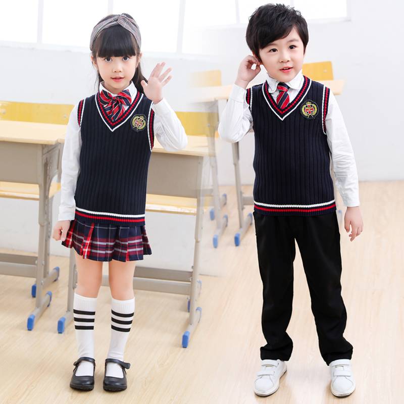 Kindergarten clothing Spring and Autumn Cotton sweater cardigan junior and middle school students school uniform three -piece children's British style service