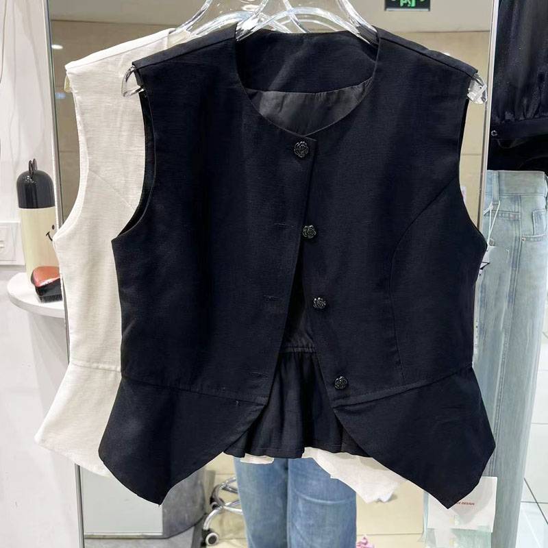 Round -neck fashion is thin vest female 2024 summer new temperament ruffled side buckle buckle shoulder vest thin
