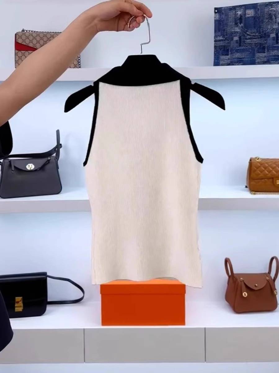 European station niche contrasting color Polo lapel ice silk knitted sleeveless vest female summer foreign cardigan vest top