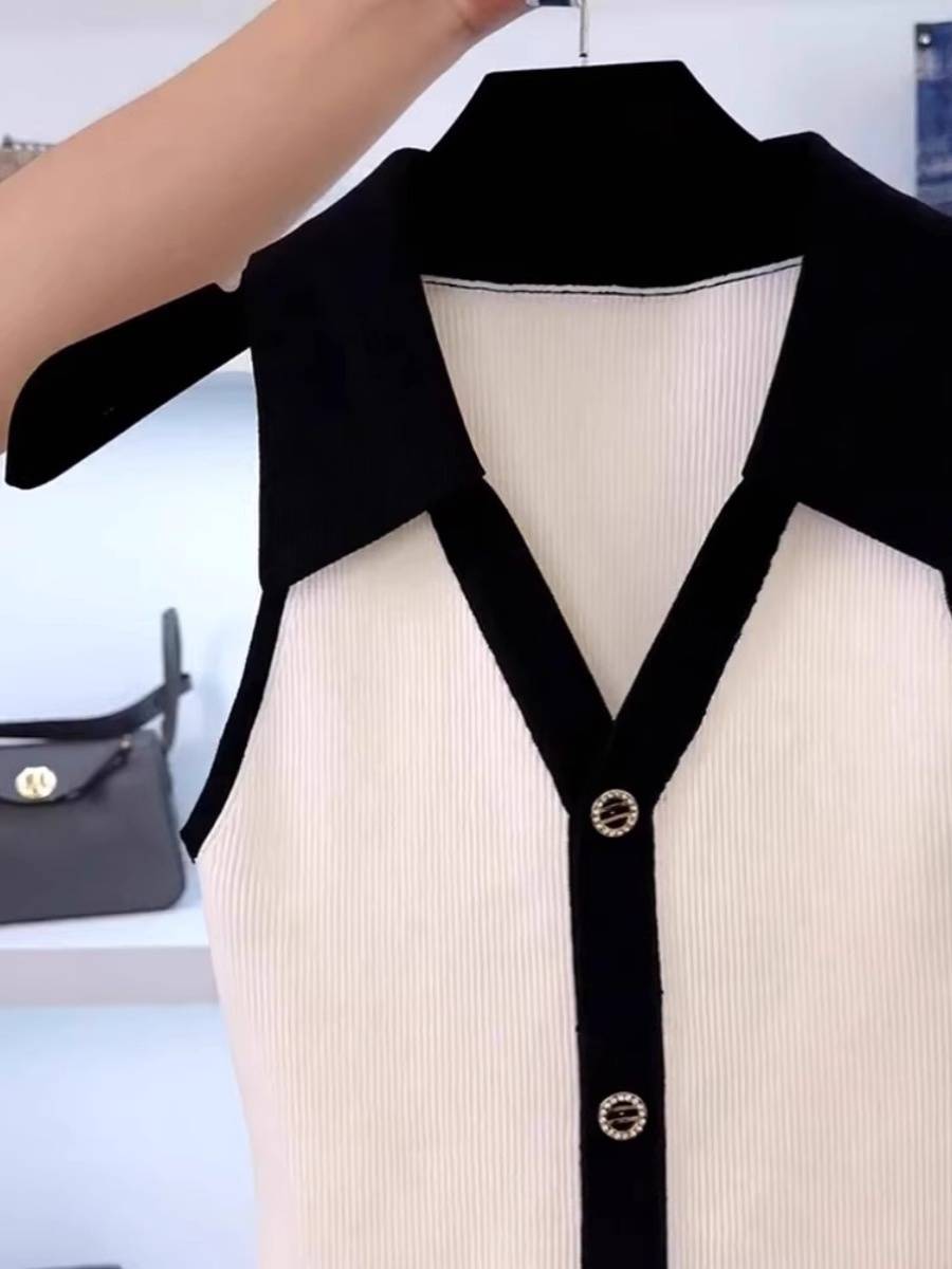 European station niche contrasting color Polo lapel ice silk knitted sleeveless vest female summer foreign cardigan vest top