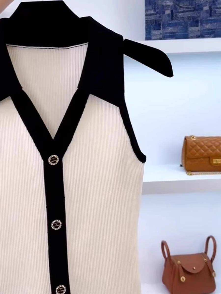 European station niche contrasting color Polo lapel ice silk knitted sleeveless vest female summer foreign cardigan vest top