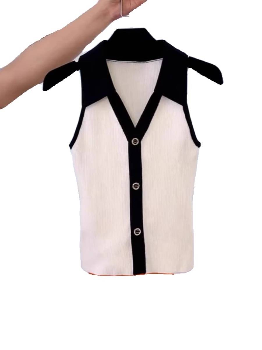 European station niche contrasting color Polo lapel ice silk knitted sleeveless vest female summer foreign cardigan vest top
