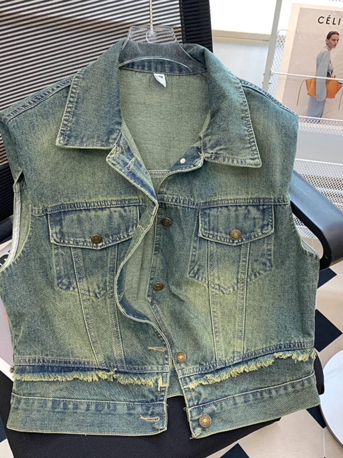 Counter withdrawal of big -name cutting retro lattice denim vest jackets female summer thin outside with sleeveless top tide