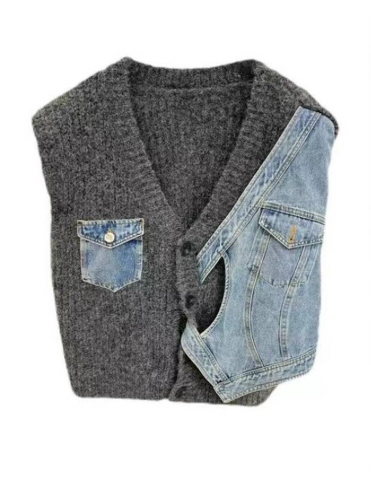 The autumn and winter 2024 denim spliced ​​knit the vest women's loose and fashionable high -end design sense versatile shirt tide
