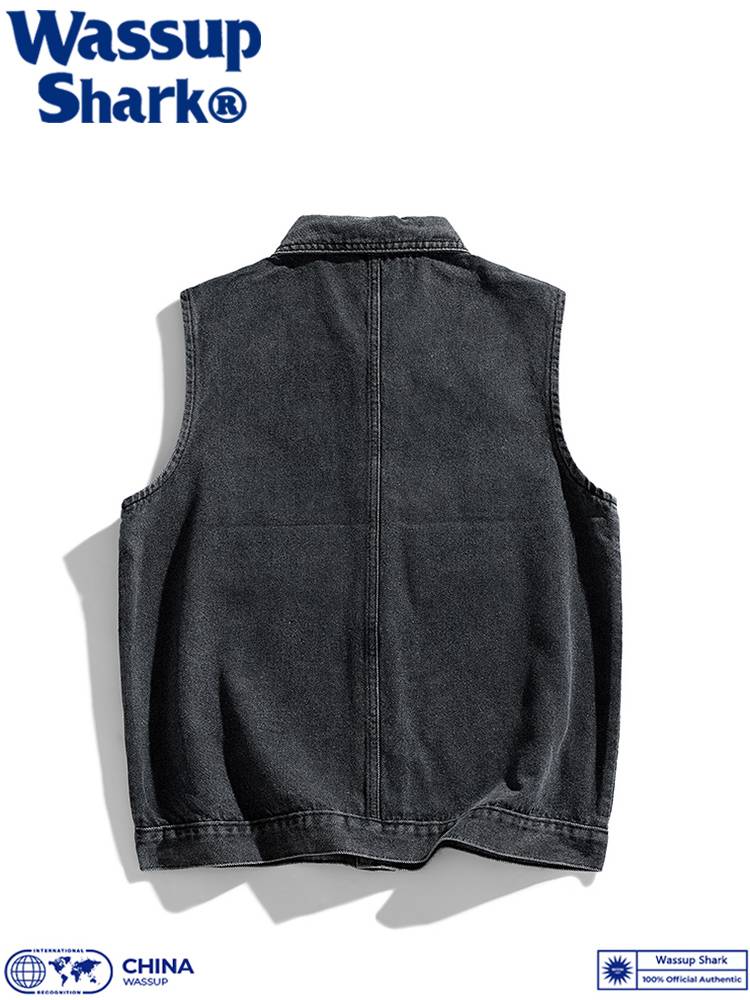 Wassup Shark American denim vest men's spring, autumn and summer retro workers, shoulder leisure wild lapels
