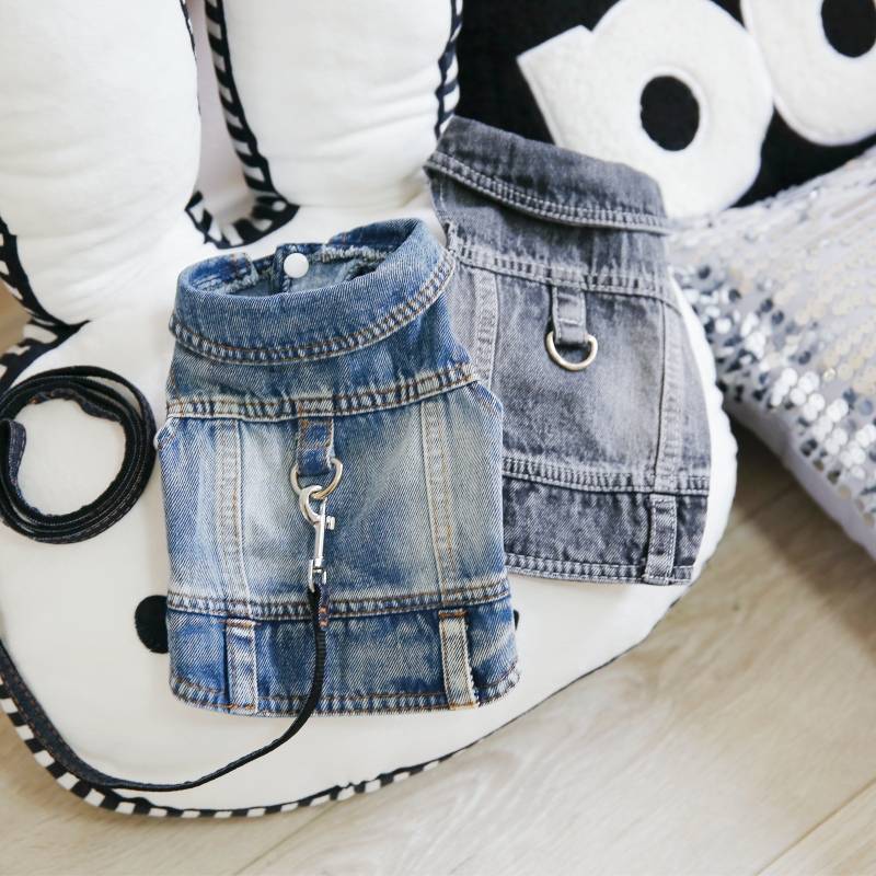 Ploved dog clothes autumn and winter pet Teddy Panda Mati dog clothes summer denim vest traction rope