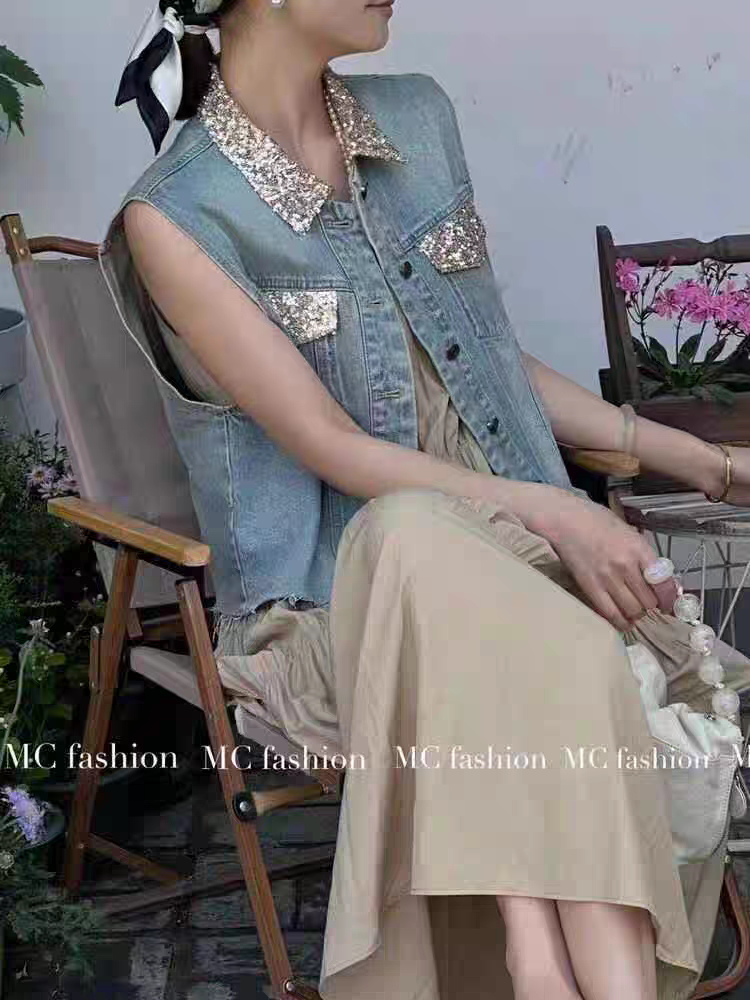 European station summer new Xiaoxiangfeng retro port wind stitching denim vest suspenders two -piece suit