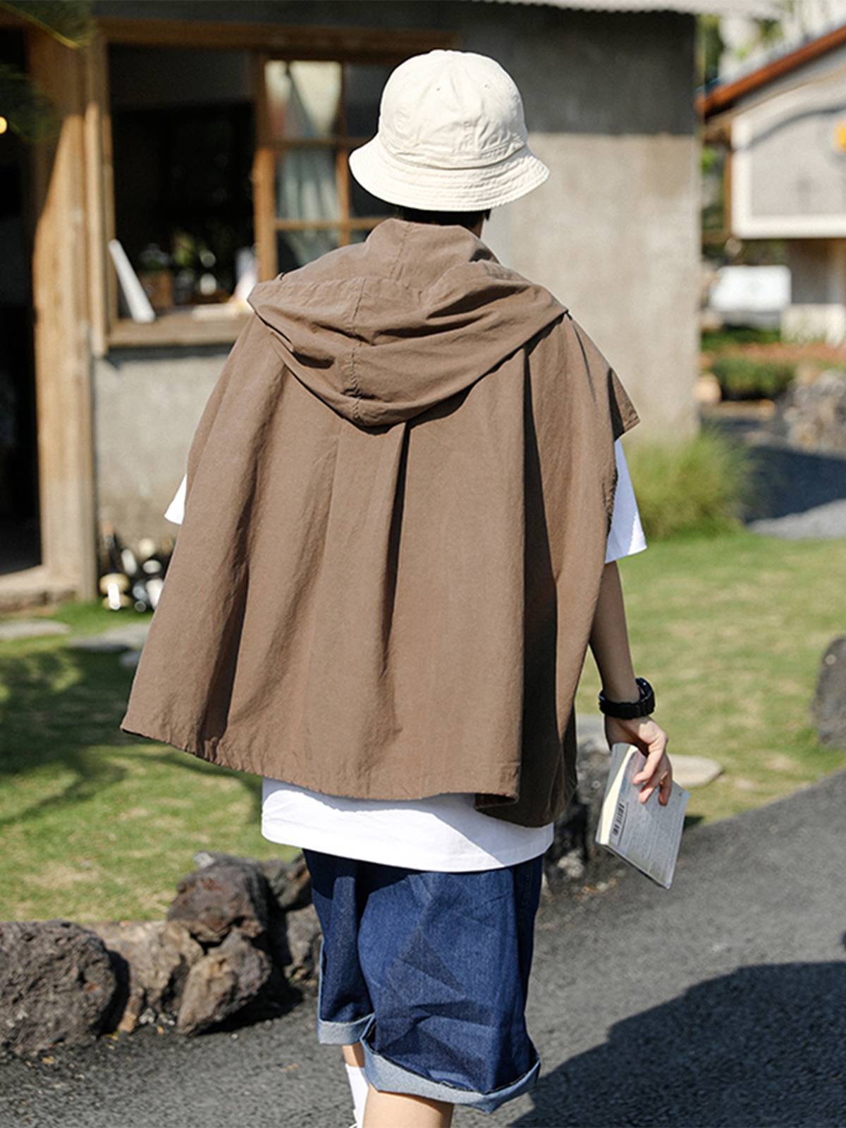 Summer Japanese worker vest top men and women loose retro multi -pocket short hooded machines can wear vests outside