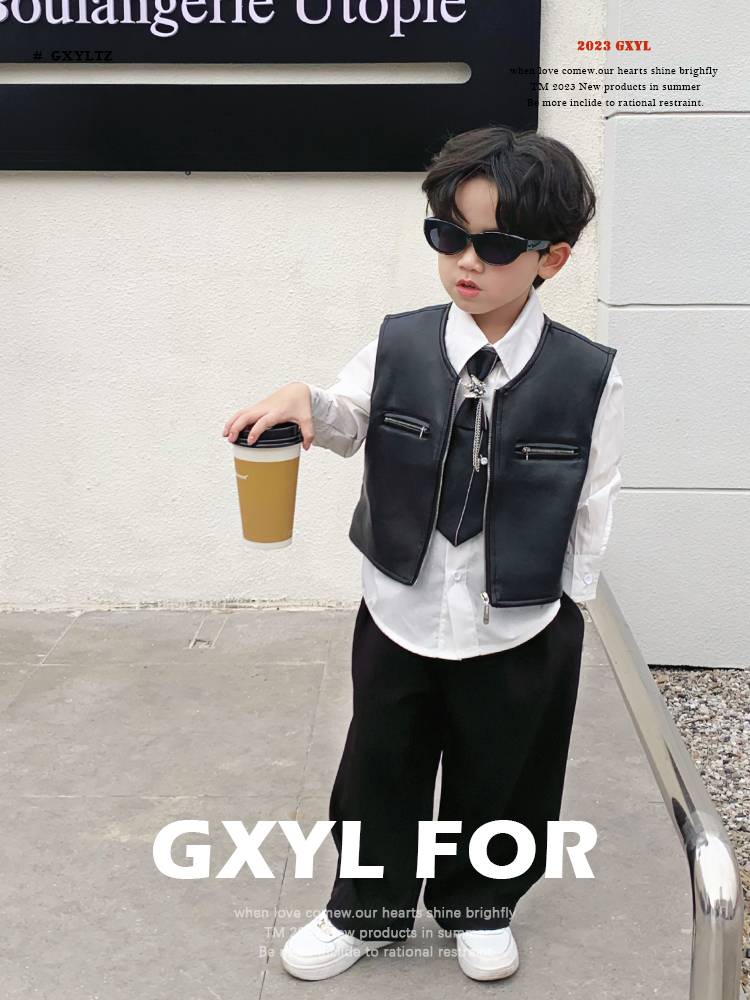Children's leather vests handsome boys set PU Pippi Street Western boys, boys, work on the street handsome, wear spring and autumn