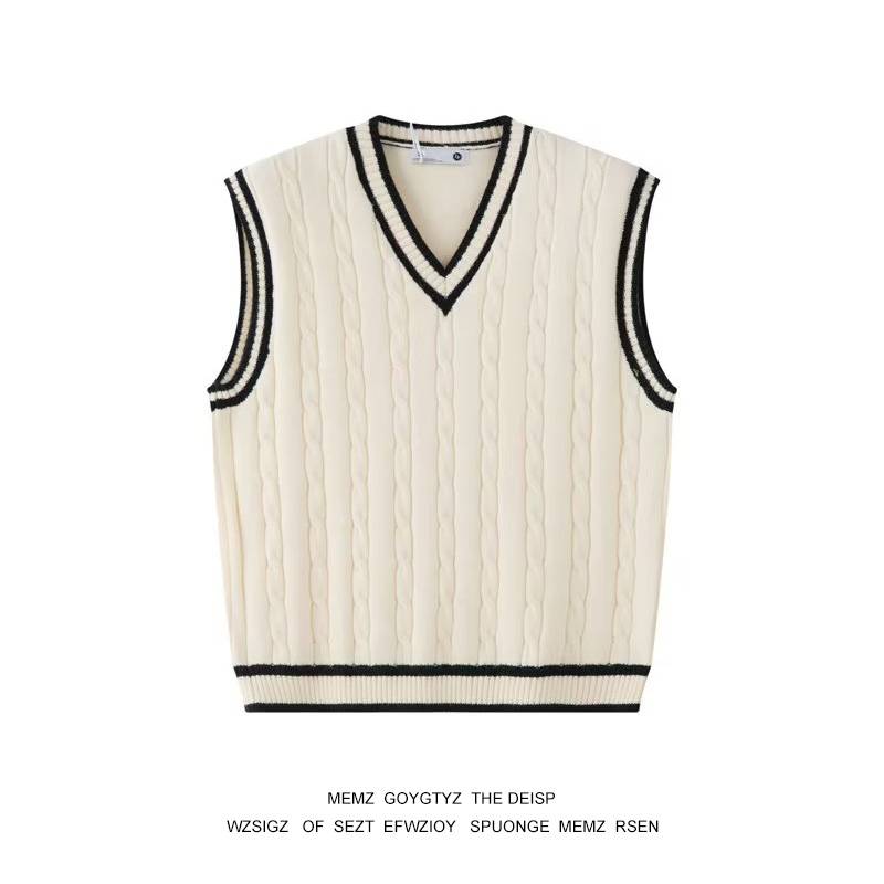College style V -neck knit vest men's autumn and winter American retro loose sleeveless sweater vest, hooded shoulder jacket