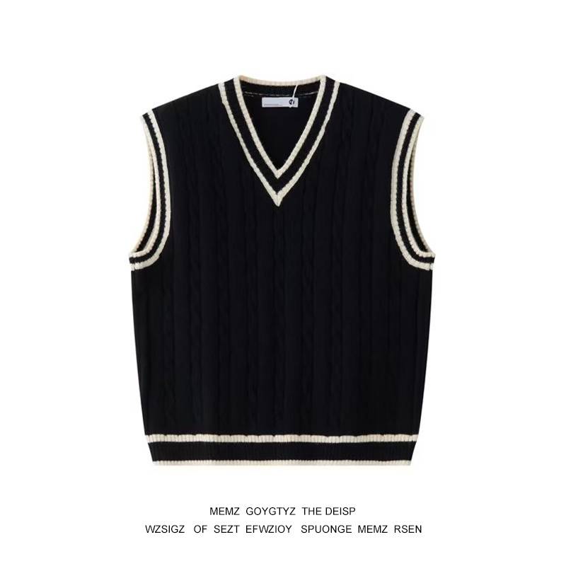 College style V -neck knit vest men's autumn and winter American retro loose sleeveless sweater vest, hooded shoulder jacket