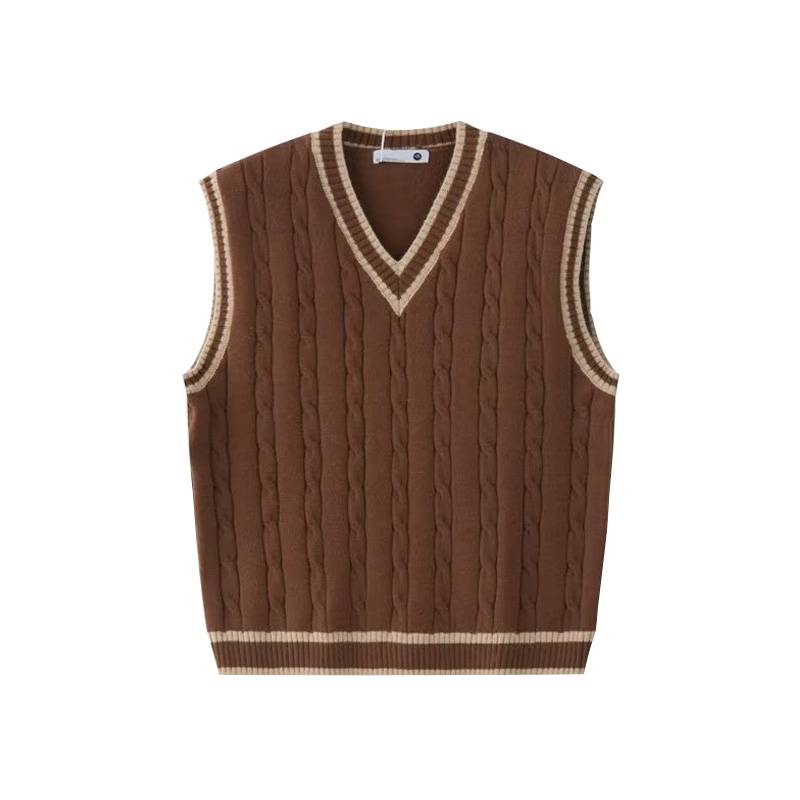 College style V -neck knit vest men's autumn and winter American retro loose sleeveless sweater vest, hooded shoulder jacket